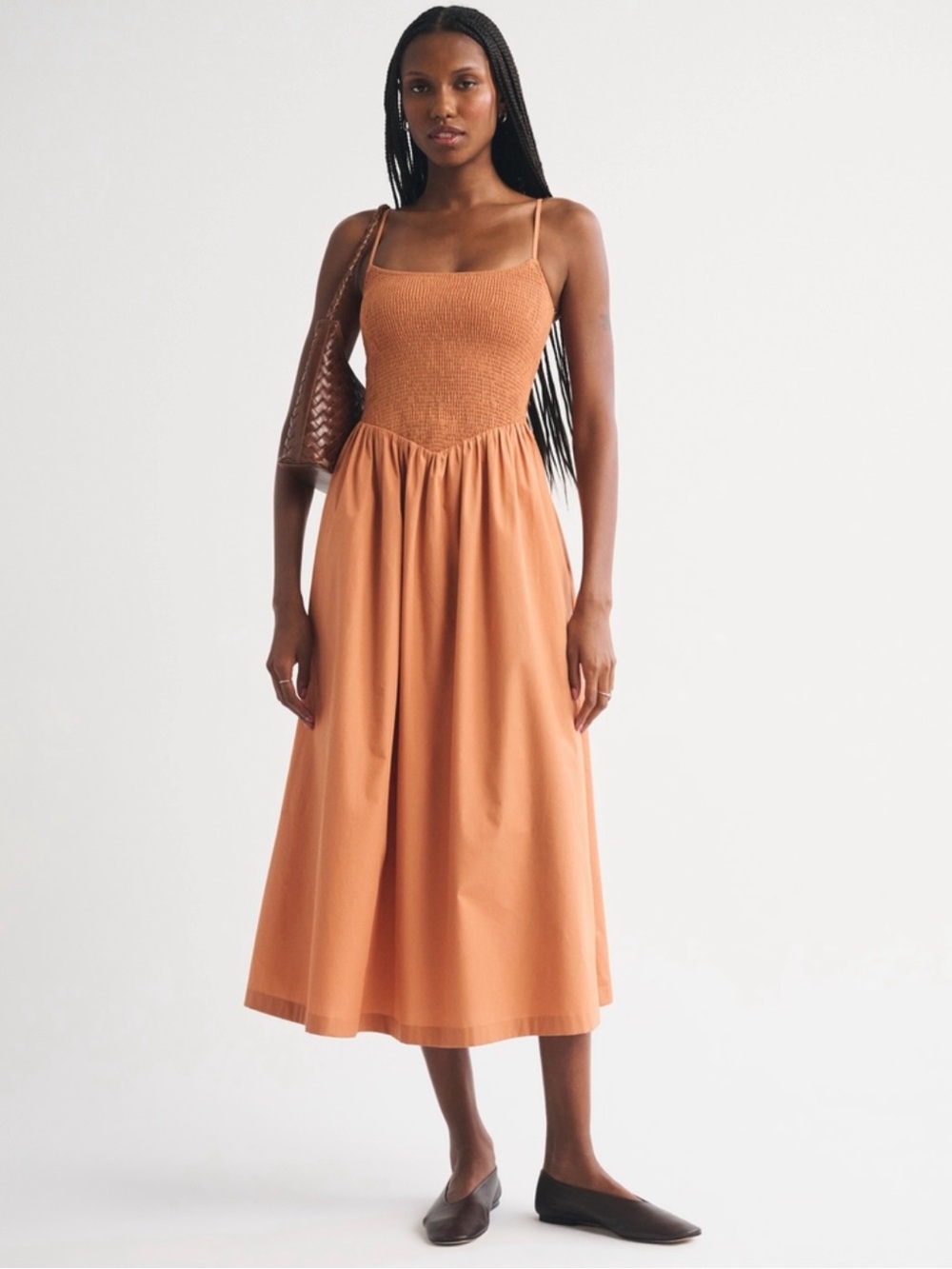 NWT Smocked Bodice Spaghetti Strap Midi Dress in Rust